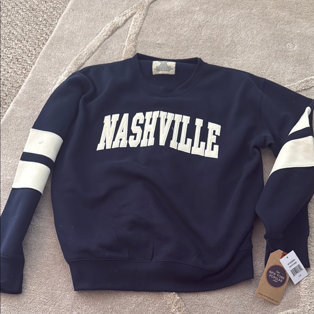 Navy Blue and White Crewneck Sweater with Collegiate Charm